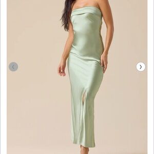Altar'd State Strapless Satin Column Dress in Sage Green